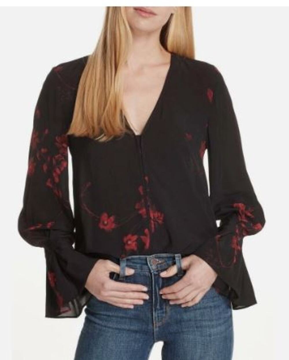 Joie Womens Large Latacia Bell Sleeve Blouse Top Black Floral V Neck Pullover